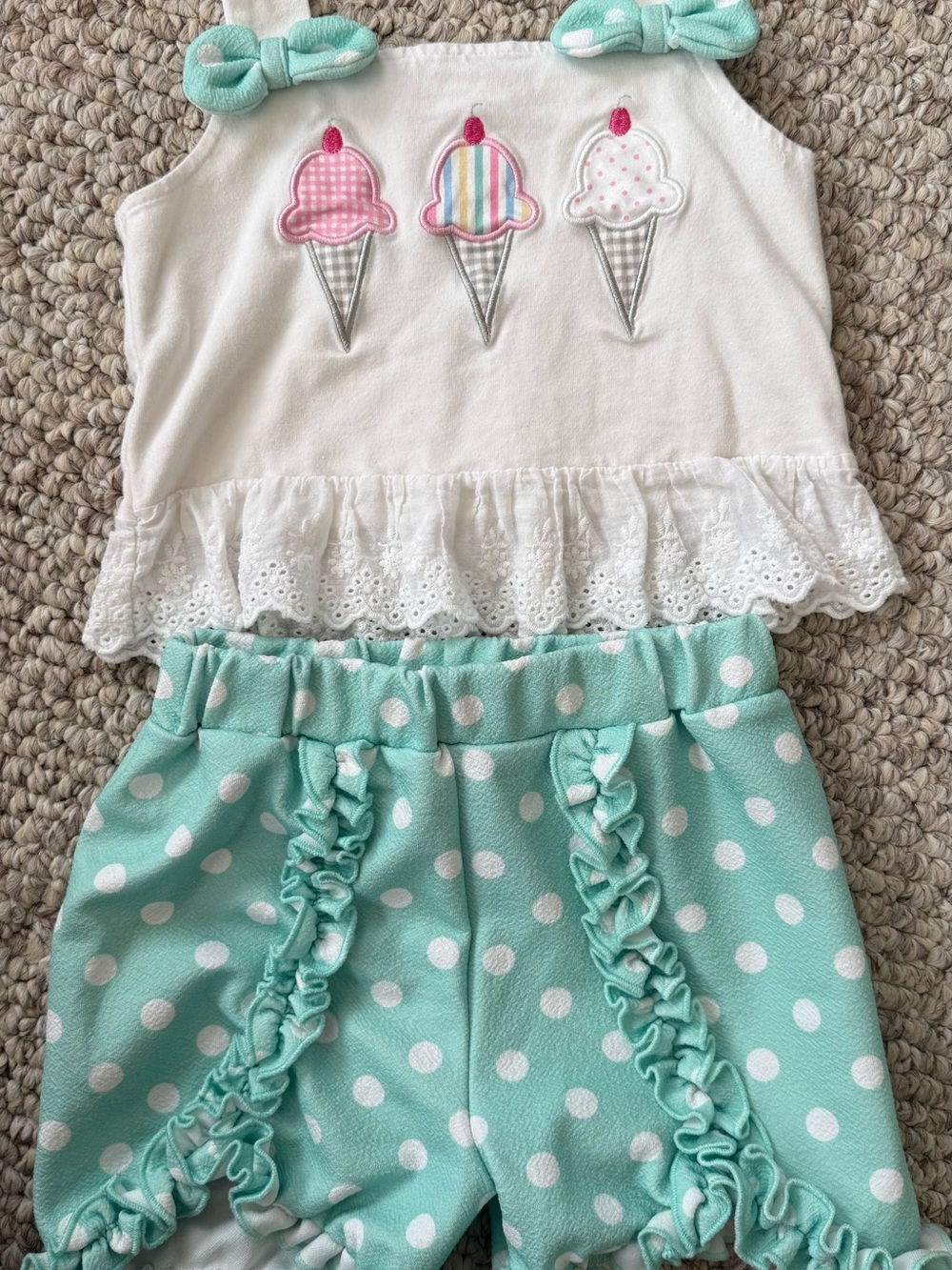 Girls Mint Polka Dot Matching Set with Ice Cream Appliqué